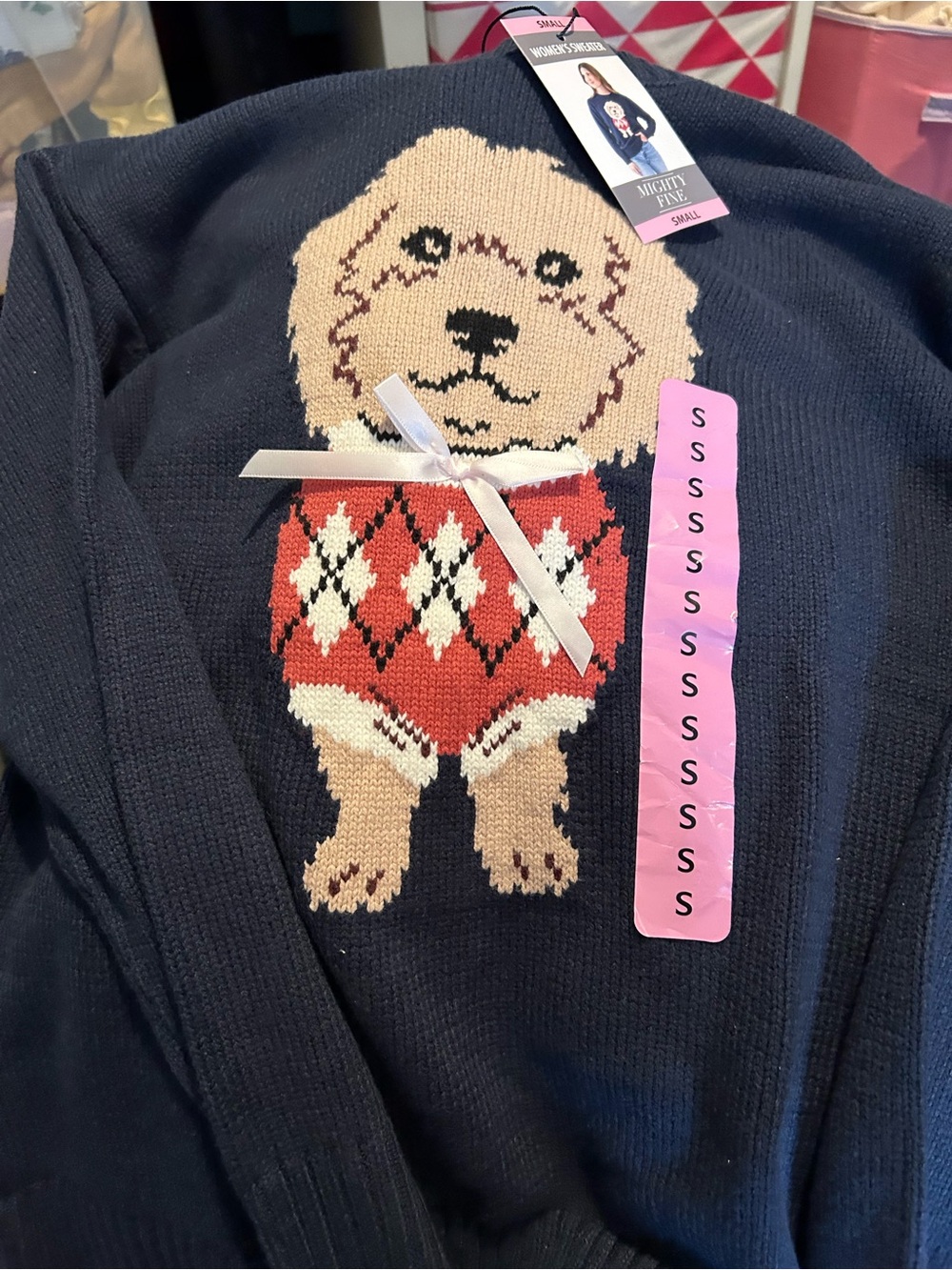 Mighty Fine Navy Crewneck Sweater with Dog in Red Argyle